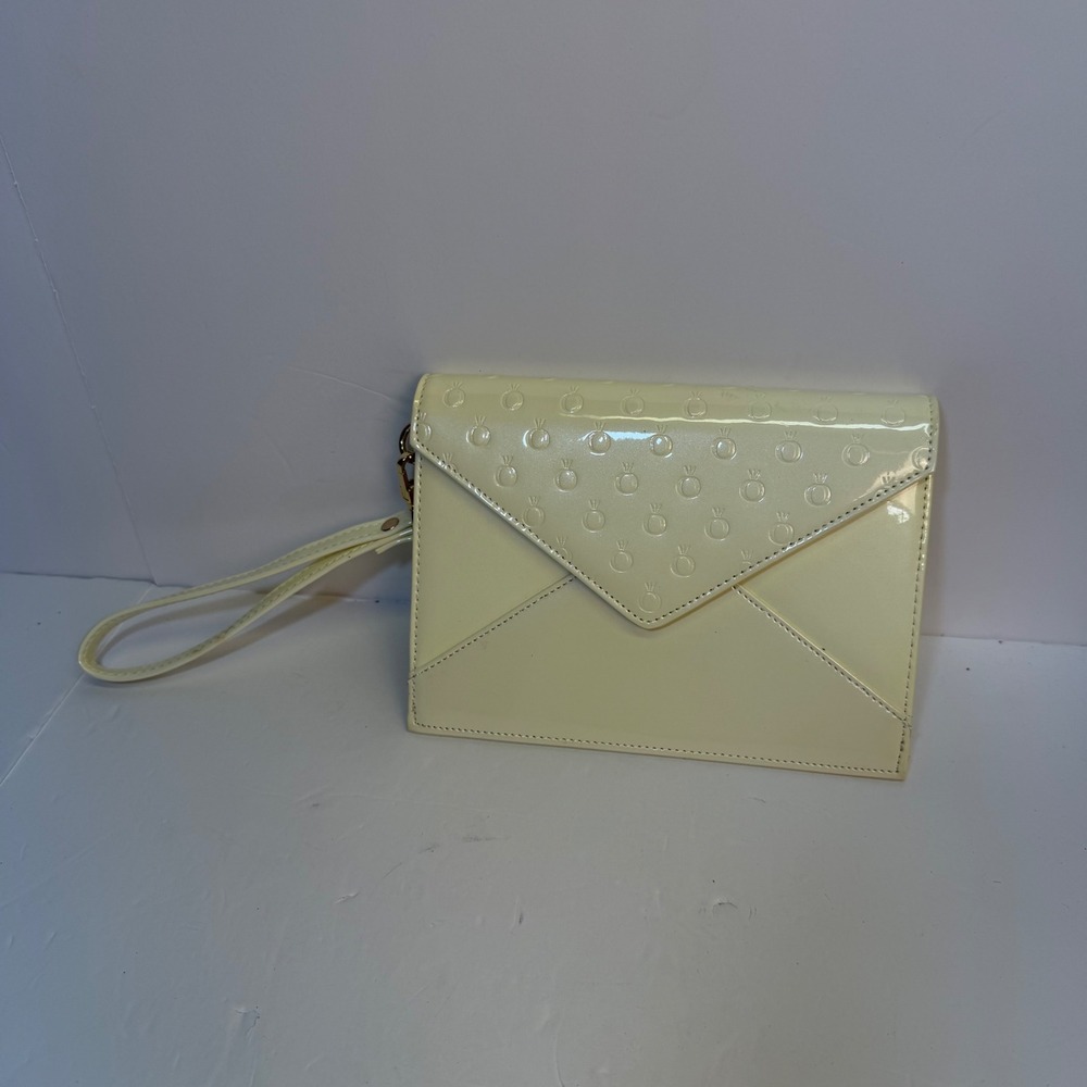 Pandora Cream Patent Leather Envelope Wristlet Clutch Wallet Logo Embossed